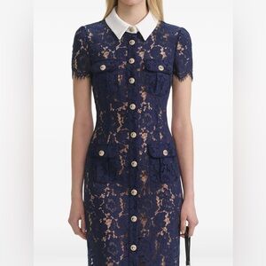 New with tags - Self-Portrait Navy Lace Midi Dress with White Collar US 4